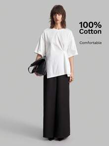 Ontre 女士白色T恤，夏季日常轻松时尚针织面料，扭结设计，圆领落肩袖，现代都市办公服饰 - 白色 - 查看 4