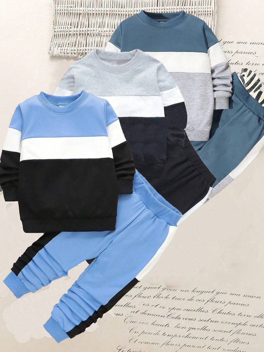 Kids Young Boy Casual Minimalist Striped Pattern 3pcs Long Sleeve Sweatshirt Set Suitable For Autumn/Winter - Multicolor - View 1
