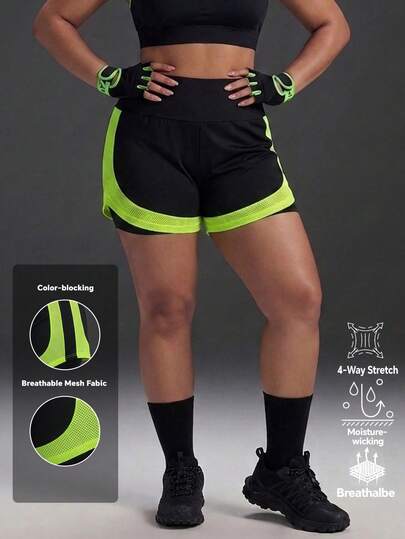Powerista Women's Plus Size Black & Green Mesh Colorblock 2 In 1 Shorts