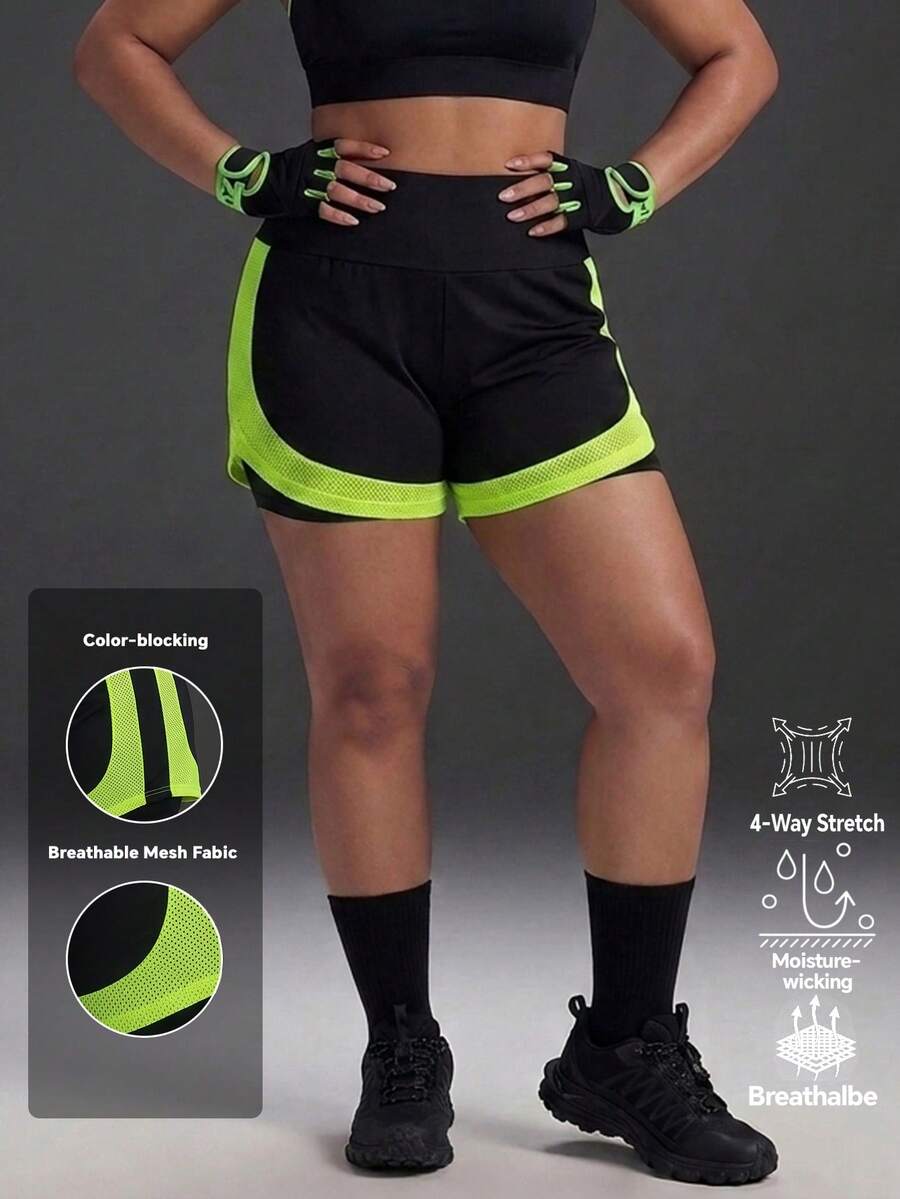 Powerista Women's Plus Size Black & Green Mesh Colorblock 2 In 1 Shorts
