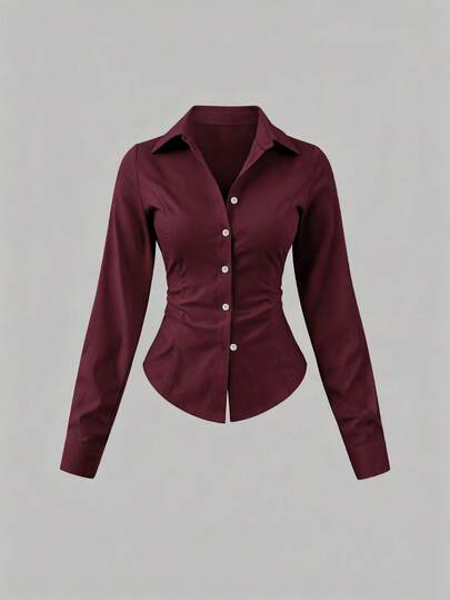 Sweetra Women's Casual Solid Color Waist Cinched Long Sleeve Shirt Fall Cloth For Women, Christmas