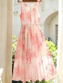 SHEIN Franclia 新款夏季粉色中长连衣裙，女士夏季服装，女士夏季连衣裙，女士优雅派对连衣裙，女士派对礼服，派对服装，优雅服装，休闲服装，女士粉色连衣裙，女士无袖粉色连衣裙，婚礼宾客连衣裙，粉色中长连衣裙，女士粉色雪纺中长连衣裙，女士度假连衣裙，女士休闲连衣裙，女士沙滩装，女士粉色沙滩连衣裙，女士飘逸粉色连衣裙 - 粉色 - 查看 2