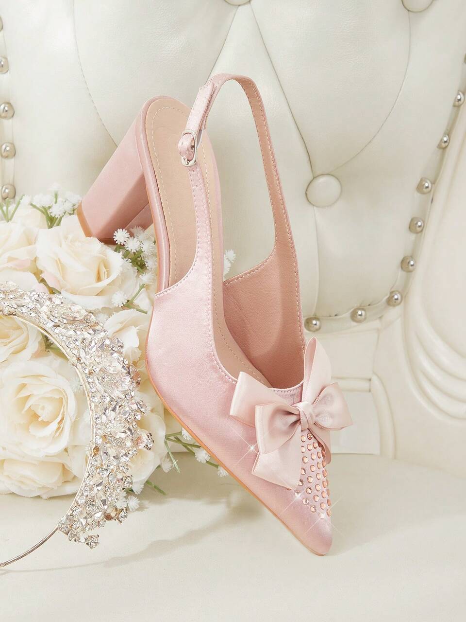 CUCCOO HITCHD Ladies' Diamond Face Bow Pointed, Thick Heel With Pink Heel Strap, Commuting, Dating, Daily Vacation Elegant, Versatile High Heels Shoes Fall Shoes
