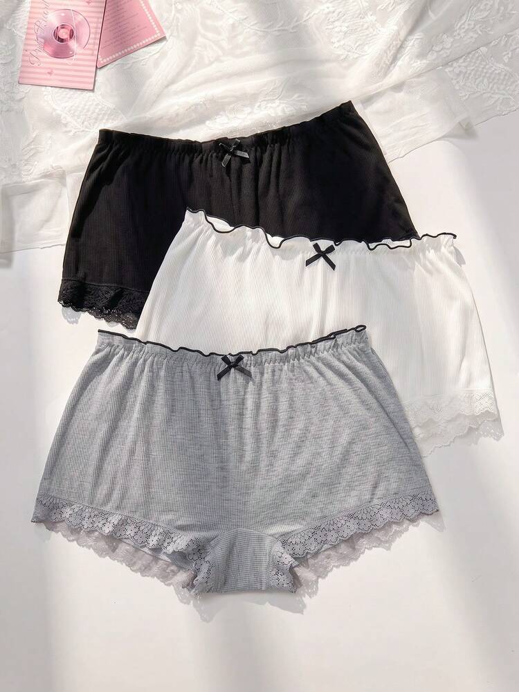 PetitDoll Set de 3 pantis de talla grande con encaje en la cintura y el dobladillo para mujeres, estilo informal - Multicolor - Añade 1