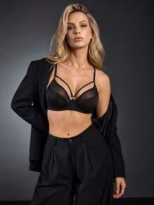 EmpressEnvy Sexy Women's Lingerie 3mm Cotton Mesh Patchwork Underwire Bra, Push-Up, Large Bust Minimizing, 1pc - Black - View 5