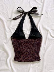 Soleia Western Cowboy Style Leopard Print Faux Leather Top - Coffee Brown - View 2