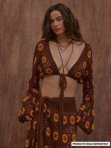 MUSERA Brown Sunflower Crochet Knit Crochet Top Only Summer Autumn Everyday Date Night Holiday Vacation Dazed - Brown - View 1