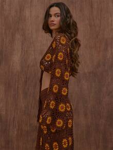 MUSERA Brown Sunflower Crochet Knit Crochet Top Only Summer Autumn Everyday Date Night Holiday Vacation Dazed - Brown - View 3