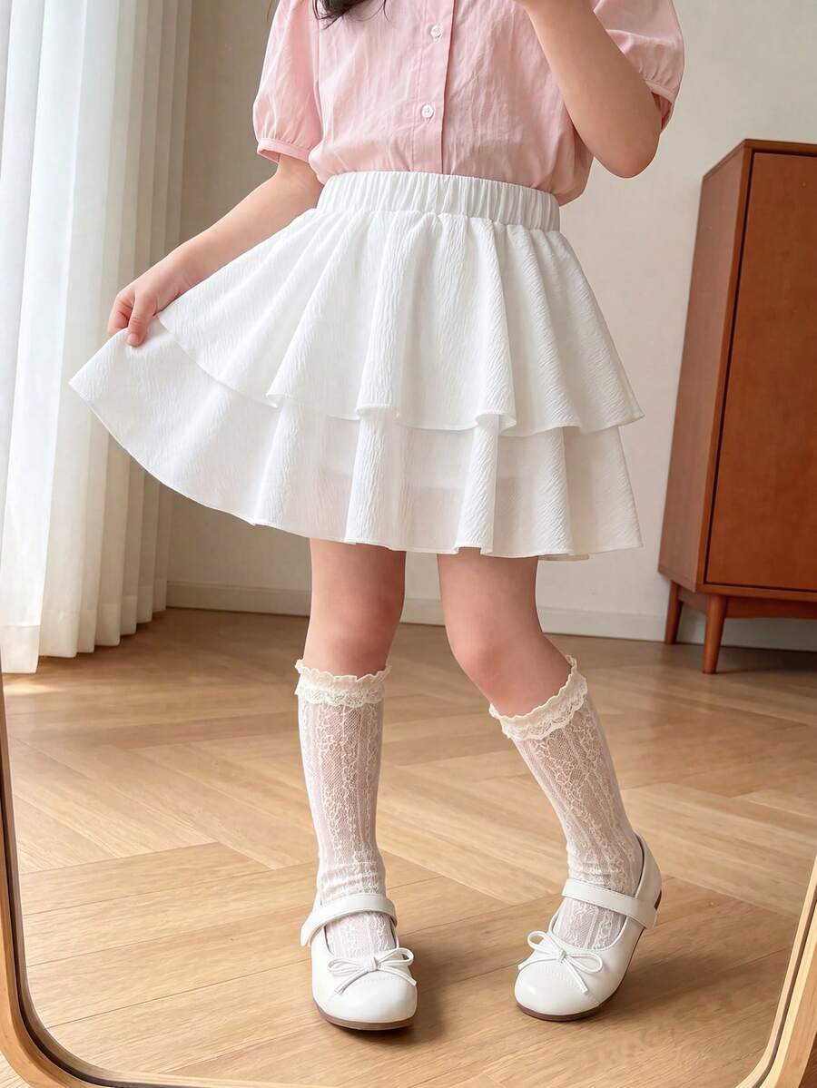SHEIN 少女清新荷葉邊層次裙,可愛易搭配,舒適適合春夏日常穿著、戶外活動與校園秋季穿搭 - 白色 - 查看 1