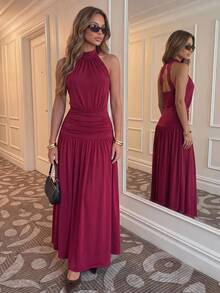 Sunnyshic Women's Summer Burgundy Knitted High Elastic Dress Mid-Neck Halter Tie Back Open Back Cinched Waist A-Line Elegant Tea Party Dinner Date Wedding - Burgundy - View 5