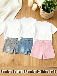 (Random 3 Pcs, Send 1 Pc) Summer Baby Girl Refreshing Minimalist Colorful Star & Bow Print Basic Short Sleeve T-Shirt - White - View 2
