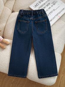 SHEIN Playful Pals Girl's Autumn And Winter Blue Washed Wide Leg Pants, Exquisite Flower Embroidery, Cotton Fabric, Suitable For Back To School Season, Daily Wear - Blue - View 2