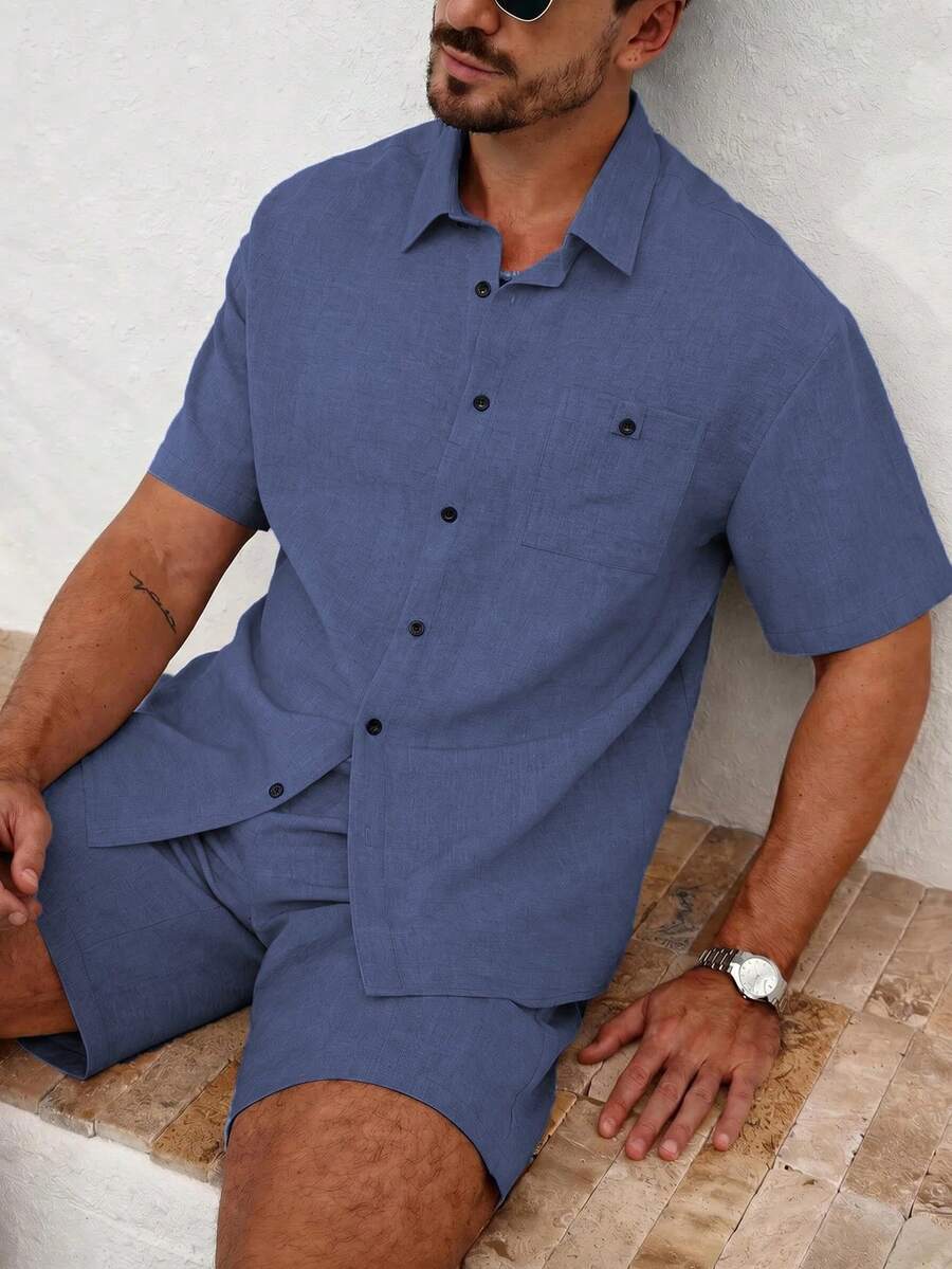 VENTUSAIL 男士成熟休閒雙口袋設計雙面亞麻面料短袖襯衫與短褲套裝 - 藍色 - 查看 1