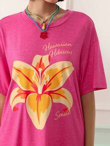 Chillnights Women's Vacation Letter & Floral Print Round Neck Casual Nightgown - Hot Pink - View 3