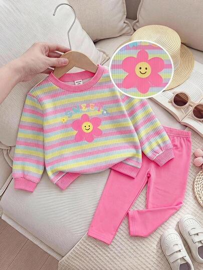 SHEIN Baby Girl Knit Striped Floral Pattern Crew Neck Long Sleeve Thermal Lined Pullover Sweatshirt And Elastic Waist Fitted Leggings 2pcs Set