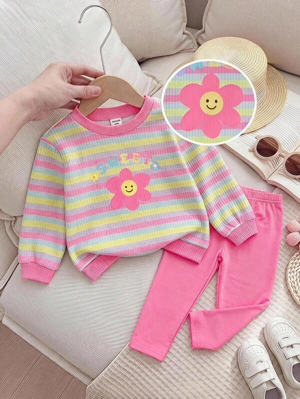 SHEIN Baby Girl Knit Striped Floral Pattern Crew Neck Long Sleeve Thermal Lined Pullover Sweatshirt And Elastic Waist Fitted Leggings 2pcs Set