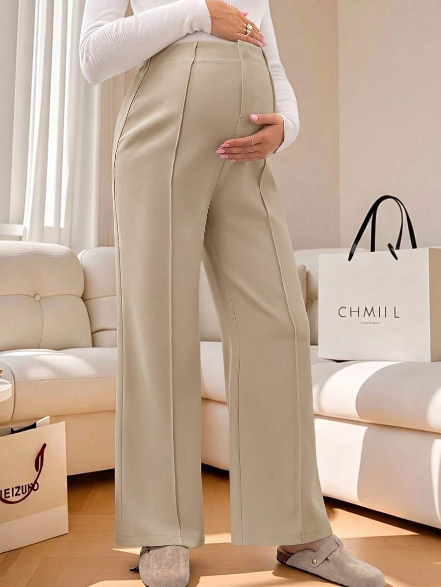 SHEIN Pantalones largos de maternidad de unicolor, casuales y versátiles para uso diario en otoño - Caqui - Ver 1