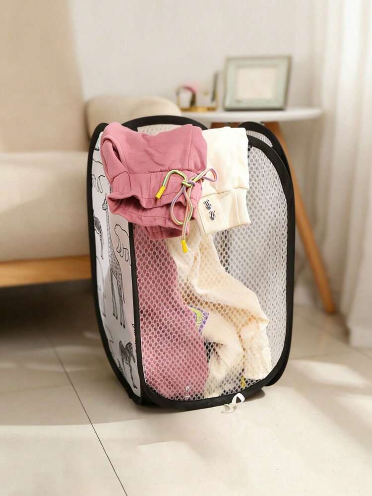 1pc Foldable Storage Box For Toys & Stuffed Animals, Portable Pop-Up Mesh Laundry Basket With Handles, Large Capacity Breathable Organizer For Bathroom Dirty Clothes, Summer Outdoor Travel Essentials - Cartoon Version - View 7