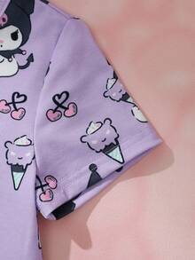 HELLO KITTY AND FRIENDS | SHEIN Young Girl Letter Cartoon Print Round Neck Short Sleeve Dress - Purple - View 5