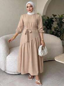 Dazy Plus Khaki Round Neck Loose Long Sleeve Tie-Front Elegant Commuter Mid-Length Dress, Spring/Autumn New Style - Khaki - View 4