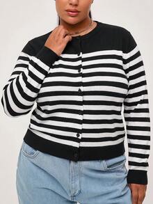 EMERY ROSE Plus Size Women's Striped Colorblock Casual Daily Cardigan Winter - Black and White - View 5