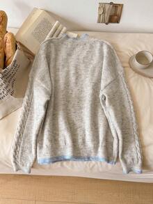 CosyJoli Women's Soft Round Neck Cable Knit Sweater, Loose Lazy Fit, Contrast Trim Pullover, Autumn/Winter - Light Grey - View 3