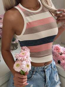SHEIN EZwear 休閒極簡度假波希米亞優雅浪漫復古條紋印花女款圓領修身背心，海灘穿搭度假穿著，適合夏季 - 彩色 - 查看 4