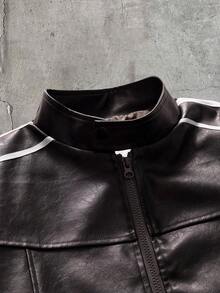 AXEPEAK Men's Fashion Zipper Striped Colorblock Pocket PU Material Jacket - Brown - View 3