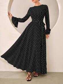 Graceveil Elegant Decent Casual Polka Dot Round Neck Flare Sleeve Cinched Cinched Waist Full Skirt Dress Formal Office Autumn - Black and White - View 6