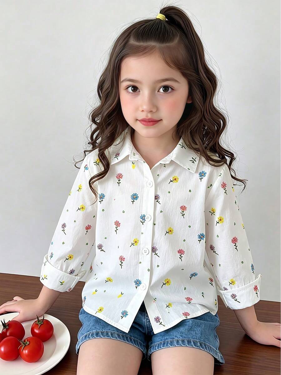 SHEIN 女童新款花卉印花襯衫,領口長袖寬鬆休閒上衣,適合日常、優雅、度假、通勤,清新風格 - 白色 - 查看 1