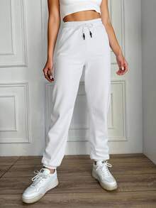 SHEIN Cottnline Solid Drawstring Waist Sweatpants - White - View 4