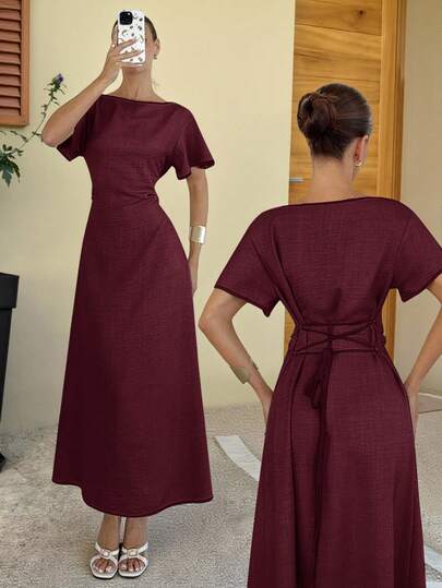 Siren Gaze Women's Summer Elegant Cross Strap Waist-Cinching Long Dress