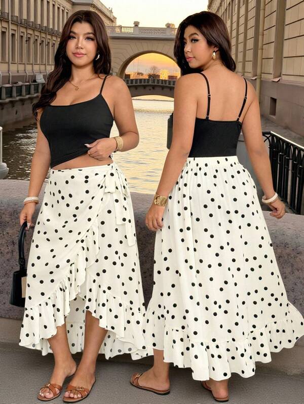 Vionelle Plus Size Romantic Boho Vacation Knit Ribbed Camisole Solid Color Top And Asymmetric Ruffle Tie Skirt Two Pieces Set Summer Black Wedding Guest White
