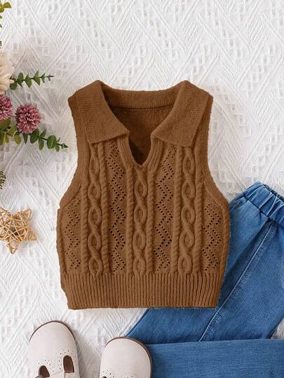 SHEIN Young Girl Cable Knit Turn-Down Collar Sleeveless Hollow Out Top