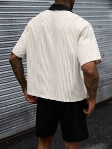 SLATEMANN Men's Spring/Summer High-Quality Best-Selling Comfortable Striped Fabric Short Sleeve Shirt + Solid Color Twill Fabric Drawstring Elastic Waist Shorts, Solid Color Collar And Letter Embroidery Shirt, Casual Vacation, Minimalist Office, Friends Date, Party Gathering, Banquet, Suitable For Formal Or Informal Occasions, Minimalist Best-Selling Versatile Style, Suitable For Self-Wear Or Gifting To Friends - Multicolor - View 2