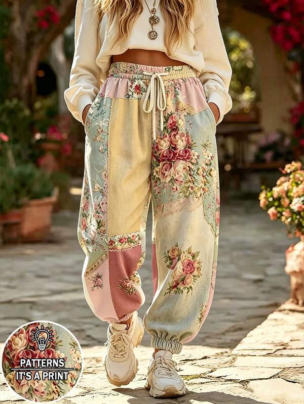 Selamara Bohemian Vintage Patchwork Rose Colorblock Ditsy Floral Cuffed Casual Pants, Mori Style Contrast Color High Waist Drawstring Loose Long Pants, Outdoor Travel Vacation Leisure Wide Leg Pants