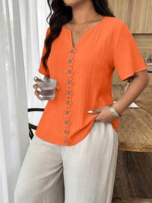 Weeklong Blusa holgada de manga corta con volantes y parches florales para mujer talla grande, primavera/verano - Naranja - Ver 3