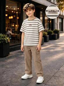 SHEIN 2pcs/Set Setelan Kasual Nyaman dan Serbaguna untuk Anak Laki-Laki Remaja, Atasan Lengan Pendek Motif Garis-garis dan Celana Panjang Warna Polos, Cocok untuk Pakaian Sehari-hari Musim Semi/Panas, Olahraga, Jalan-jalan, Sekolah, Pesta, Liburan, Fotografi, dll. - Khaki - View 6