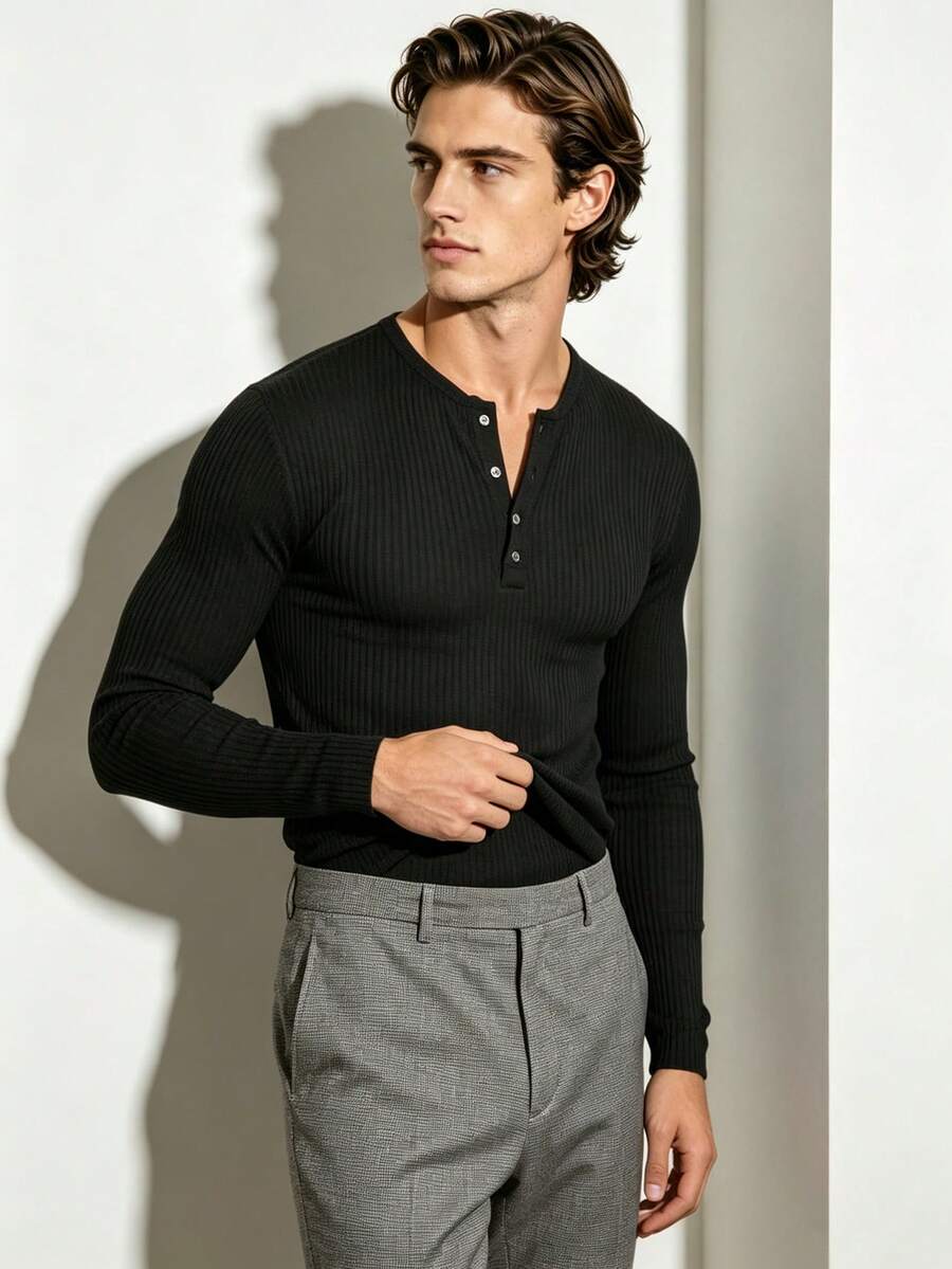 TONEVAULT Men's Ribbed Solid Color Button Half-Placket Long Sleeve T-Shirt - Black - View 1