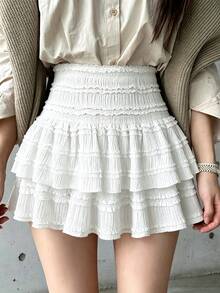 Evasive Skirt With Ruffles In Layers For Women, Textured Fabric With Lace, High Elastic Waist With Stylizer Cut New Collection 2026 - White - View 2