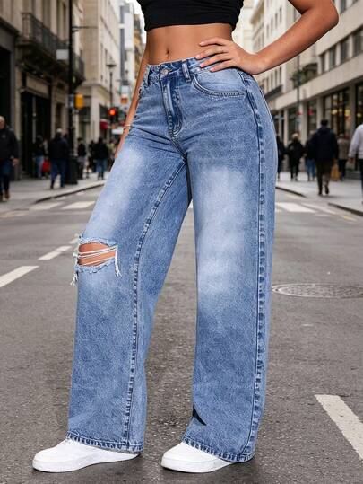 Straight And Worn Jeans With Skirts For Women, Casual And Versatile, Simple And Stylish Jeans For Everyday Wear With Water Wash And Worn Effect.