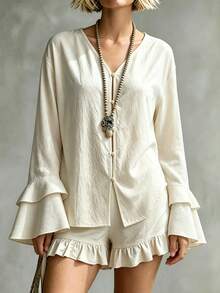 SHEIN Women's Streetwear Boho Fashion Casual Beige Textured Fabric Round Neck Button Bell Sleeve Shirt Elastic Waist Ruffle Shorts Two Pieces Set Autumn - Apricot - View 3