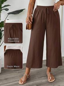 SHEIN PETITE CURVE CURVE 大尺碼女款棕色寬腿褲，高腰綁帶腰身休閒寬鬆長褲，適合秋季，休閒正式度假風 - 棕色 - 查看 11