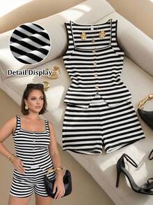 SHEIN Clasi Plus Size Summer Casual Sailor Striped Tank Top Shorts 2 Pieces Set Beach Vacation Formal Vacation Black And White - Black and White - View 2