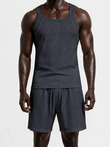 Rest Era Manfinity Men's Basic Casual Fashionable Comfortable Ribbed Fabric Black & White 2-Piece Vest & Shorts Loungewear Set - Black and White - View 6