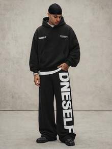 PAVTROS Men's Young Letter Print Pocket Hoodie And Casual Long Pants Set - Black - View 2