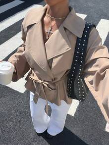Muchica 女款秋季卡其色雙排扣休閒優雅風衣 / 雙領編織夾克，適合上班通勤穿搭 - 卡其色 - 查看 8