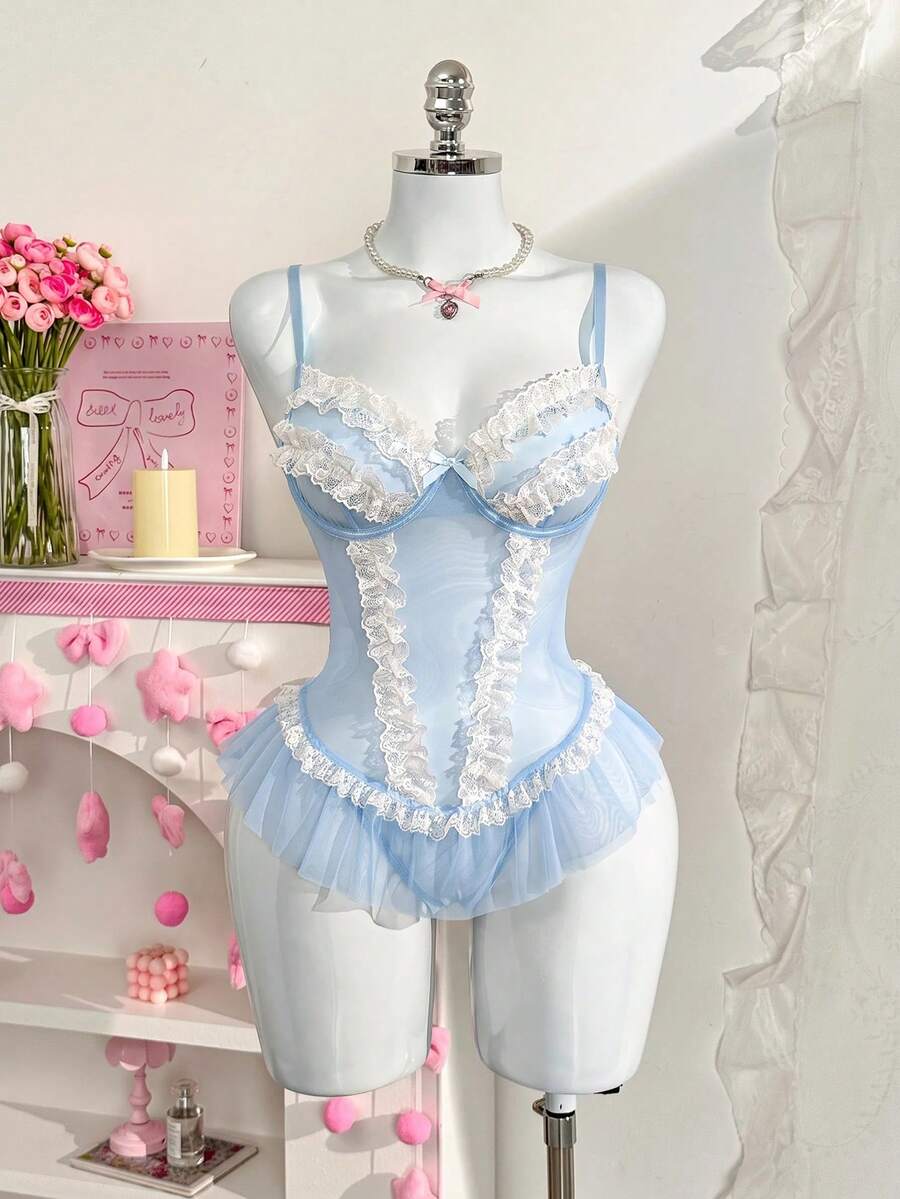SHEIN 粉色網紗蕾絲飾邊浪漫柔美連身褲 - 淺藍色 - 查看 1