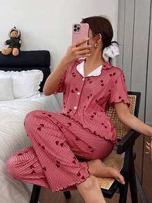 Dream Adore 條紋愛心印花法式浪漫休閒家居服套裝 - 酒紅色 - 查看 3