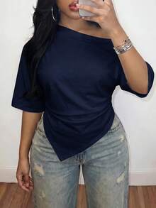 Slaydiva Spring/Summer Women's Plus Size Asymmetric Shoulder Ruched Hem T-Shirt, Graduation Season Beach - Navy Blue - View 6